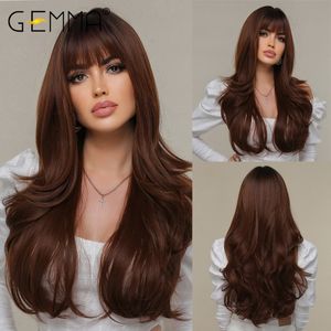 Perruques synthétiques GEMMA Long Ombre Brun Vin Rouge Vague Perruques Synthétiques avec Frange Cosplay Perruque Ondulée pour Femmes Haute Température Naturel Faux Cheveux Perruque 230621