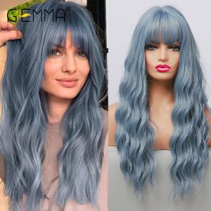 Perruques synthétiques GEMMA longue vague d'eau bleu haute température pour femmes noires blanches Afro Cosplay fête cheveux quotidiens avec frange 230417