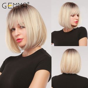 Perruques synthétiques GEMMA Bob court et droit avec une frange pour les femmes Afro Ombre Noir Marron Jaune Blonde Cosplay Party Cheveux quotidiens 230417