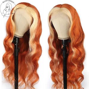 Synthetische pruiken gember blonde kanten pruik synthetische pruiken voor vrouwen lichaamsgolf oranje t prat gluess warmte resistent met babyhaar 230227