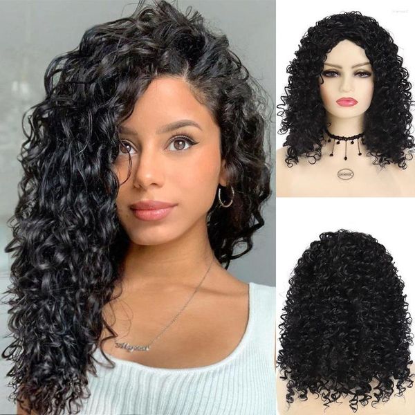 Perruques synthétiques GNIMEGIL noir longue perruque de cheveux bouclés profonds pour les femmes naturel moelleux coiffure quotidien Cosplay Halloween résistant à la chaleur