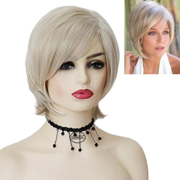 Perruques synthétiques GNIMEGIL Blonde avec frange pour femmes court Bob perruque de cheveux raides femme Cosplay déguisement d'halloween dame filles