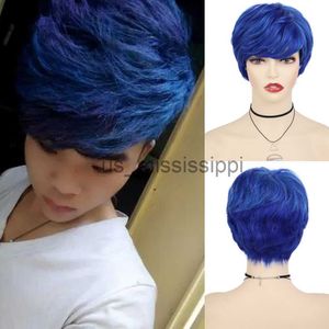 Perruques synthétiques GNIMEGIL perruques bleues pour hommes cheveux synthétiques perruque courte avec frange Cosplay coiffure Halloween Costume pour homme mode coupe de cheveux perruques x0826