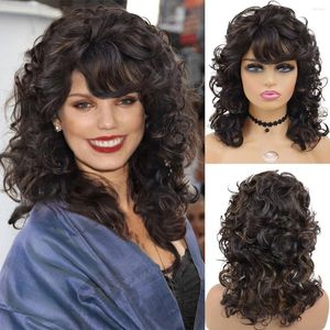 Pelucas sintéticas GNIMEGIL para mujeres negras con textura rizada y flequillo marrón resaltado peluca regular peinado natural cabello esponjoso
