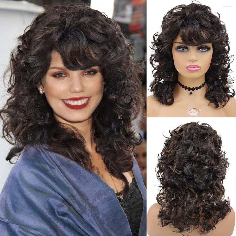 Perruques synthétiques GNIMEGIL pour les femmes noires avec une texture bouclée et une frange brune surlignée perruque régulière coiffure naturelle cheveux moelleux