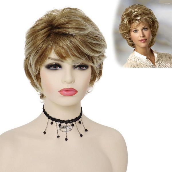 Perruques synthétiques GNIMEGIL pour femmes marron mélange blond perruque courte avec frange couches Bob maman Cosplay fête de famille usage quotidien