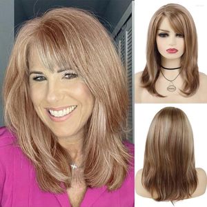 Perruques synthétiques GNIMEGIL mélange de cheveux longs et raides perruque brune avec frange pour femmes maman naturel doux quotidien Cosplay fête faux