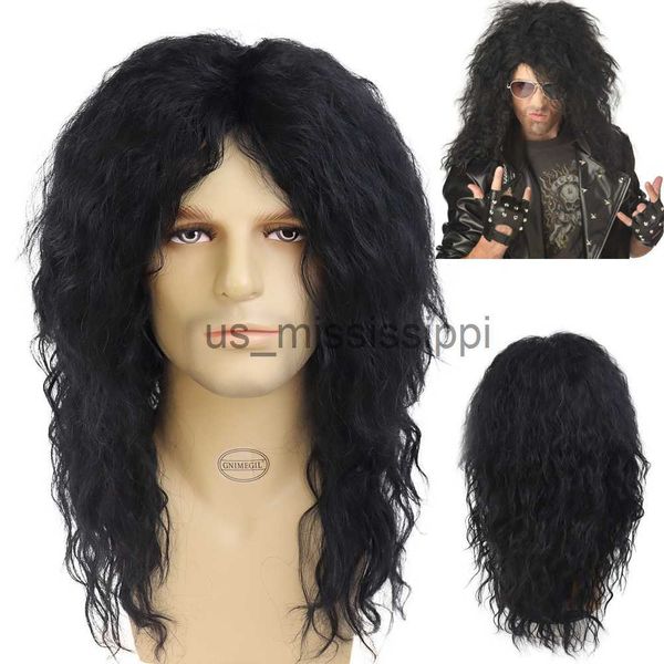 Pelucas sintéticas GNIMEGIL Peluca de pelo largo sintético Black Punk Puffy Headgear para Halloween 80s Hombres Smart Rocker Style Wig California Costume Pelucas x0826