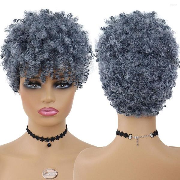 Pelucas sintéticas GNIMEGIL Peluca Afro rizada corta Cabello gris para mujeres negras Cosplay diario Fiesta de Halloween Uso Peinado esponjoso y elástico