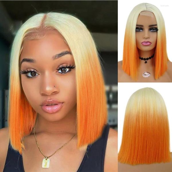 Perruques Synthétiques GNIMEGIL Court Bob Droite Avant de Lacet Perruque Ombre Deux Tons Blonde Orange Pour Les Femmes Noires Épaule Longueur Chaleur Fibre