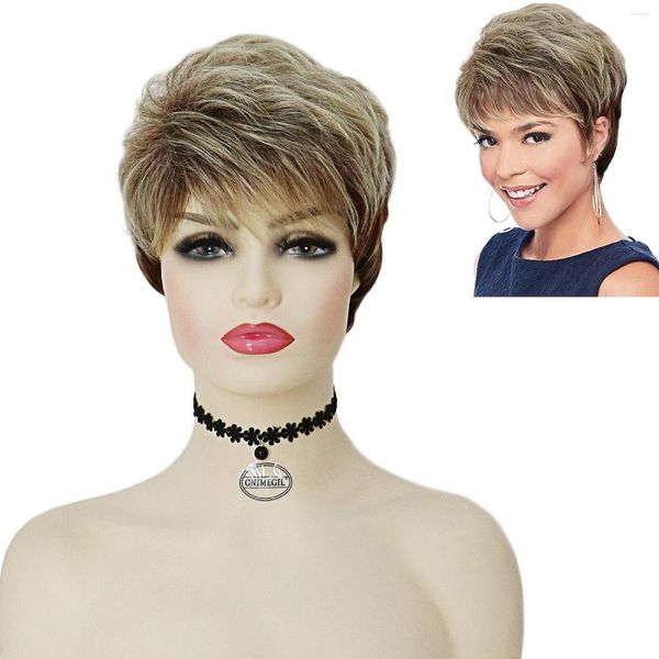 Pelucas sintéticas GNIMEGIL cortas para mujeres Rubio mezclado marrón Pixie corte de pelo peluca con flequillo Cosplay fiesta disfraz mamá regalos