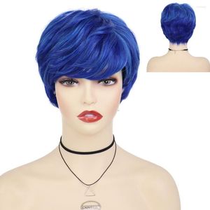 Perruques synthétiques GNIMEGIL court pour femmes bleu coupe de cheveux bouclés perruque avec frange femme Cosplay Costume Halloween noël mode