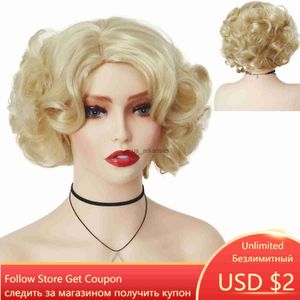 Synthetische pruiken Gnimegil synthetische cosplay pruik kort krullend haar platina blonde pruiken voor witte vrouwen pluizige krullen flip 60s gatsby kapsels pruik hkd230818