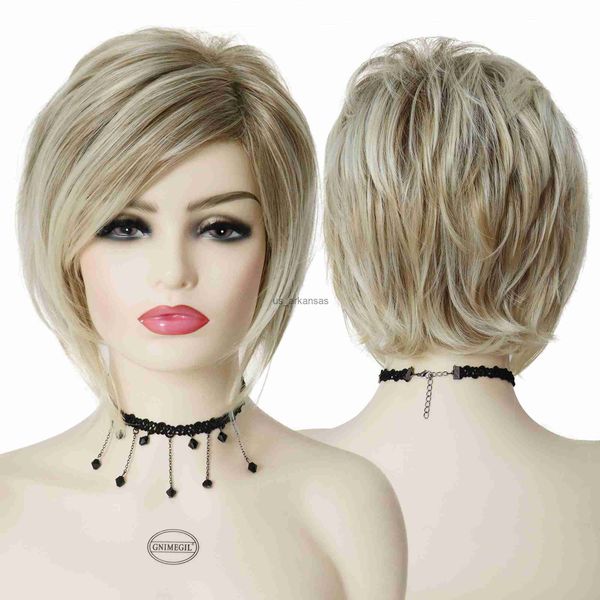 Perruques synthétiques gnimegil synthétiques courtes blondes perruques blondes pour femmes raies perruque oblique frange lady wig cosplay costume costume quotidien usage wig hkd230818