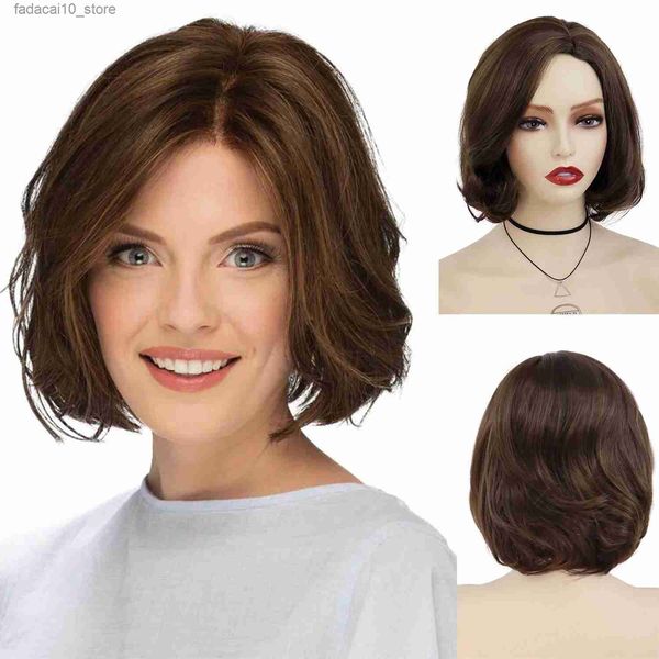 Perruques synthétiques GNIMEGIL perruques synthétiques pour femmes cheveux courts couleur marron coiffure naturelle perruques bouclées Bob maman perruque mettre en évidence avec frange latérale Q240115