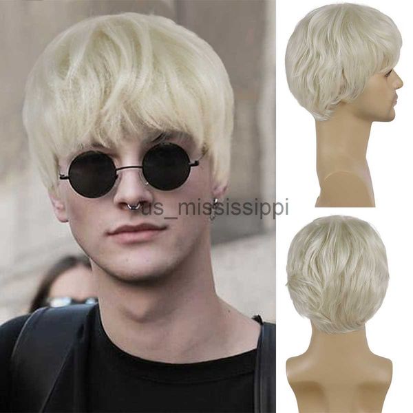 Perruques synthétiques GNIMEGIL perruques synthétiques pour hommes cheveux courts perruque blonde platine avec frange coiffure naturelle coupe de lutin perruques mâle cosplay perruque garçons x0826