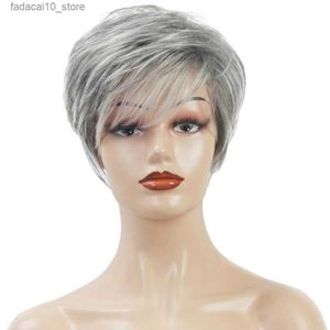 Perruques synthétiques perruques de cheveux humains gris pour femmes perruque ondulée courte résistante pour la coiffure Q240115