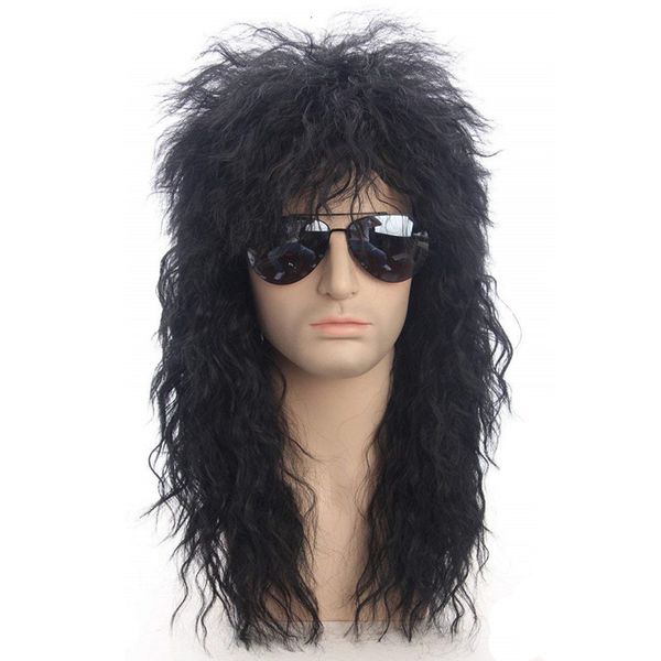 Perruques synthétiques Gres hommes perruque de cheveux longs couleur noire postiche femme punk couvre-chef gonflé pour Halloween fibre haute température 230314