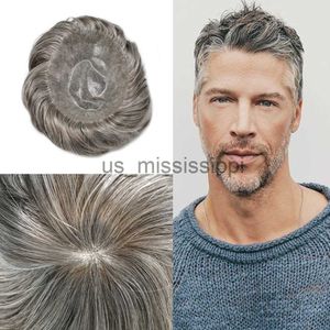 Perruques synthétiques cheveux gris hommes toupée pleine injection de poly PU remplacement de cheveux mâle perruque de cheveux humains prothèse toupée pour hommes x0826