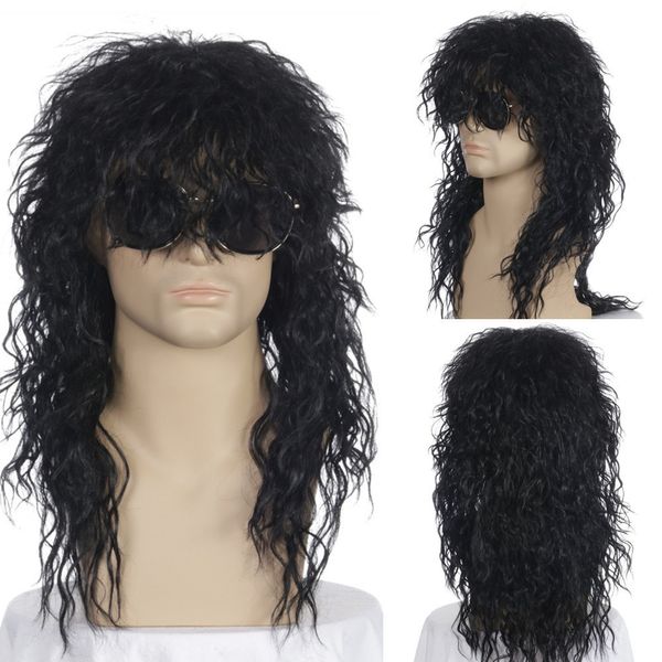 Perruques synthétiques GURUILAGU longs bouclés pour hommes Cosplay cheveux masculins noir blond avec frange moelleux discothèque Bar 230417