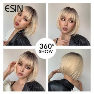 Pelucas sintéticas Accesorios para el cabello ESIN Pelo liso sintético medio largo con la parte superior Pelucas Bob de color negro degradado a blanco rubio para mujer resistente al calor Natural 240327