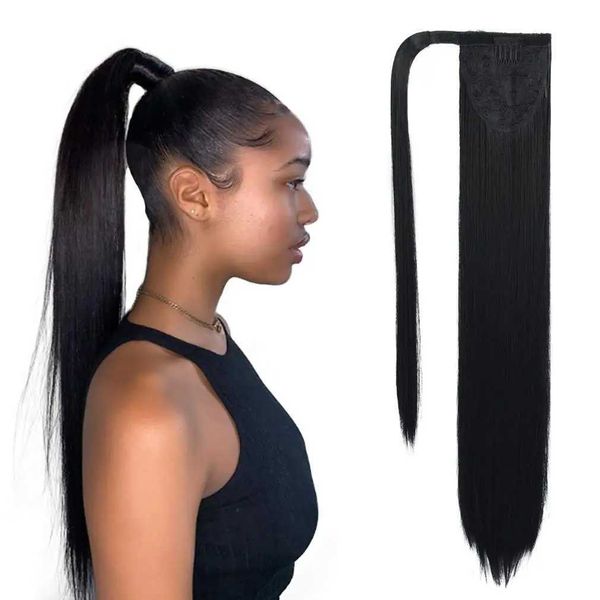 Perruques synthétiques Hair Bun Maker est une perruque à clipser en queue de cheval enroulée autour de cheveux longs et lisses, couleur noire synthétique pour femmes, 240328 240327