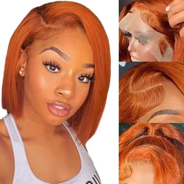 Perruques synthétiques Morceaux de cheveux Nouveau 2024 Naturel Confort Avant Lace Bob Perruque Orange Court Cheveux Raides Lace Head Cover 13 * 4 Wave Head Wig Cover lace wig 240328 240327