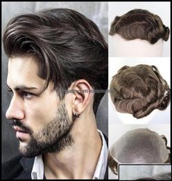 Pelucas sintéticas Productos para el cabello Hombres Marrón Mezclado Gris Remy Humano 610 Resaltar Piel Pu Sistema de reemplazo fino Postizos Hombre Toupee245436014