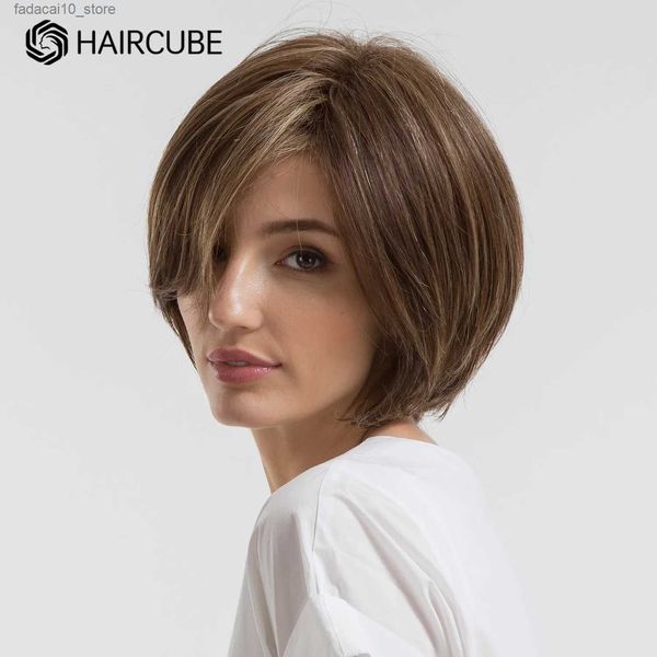 Pelucas sintéticas HAIRCUBE Pelucas sintéticas cortas marrones mixtas con flequillo Pelucas rectas de alta temperatura Mezcla 30% Peluca de cabello humano para mujeres Q240115