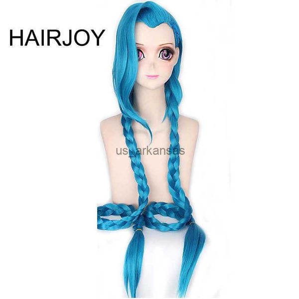 Wigs synthétiques Hairjoy Cosplay Lol Jinx 100cm de long Bleu avec des tresses doubles Halloween Anime Costume Perruque résistante à la chaleur Synthétique HKD230818