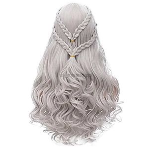 Perruques synthétiques HAIRJOY cheveux synthétiques Daenerys Targaryen perruques argent long tressé Costume Cosplay reine Lolita perruque pour femmes L240124