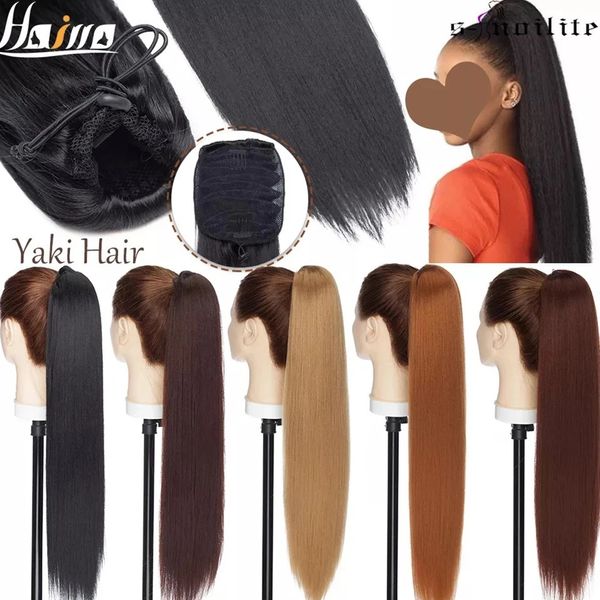 Perruques synthétiques HAIRRO 22 pouces Yaki longue Afro Puff queue de cheval crépus cheveux naturels synthétique crépus droite cordon queue de cheval avec bande élastique 231204