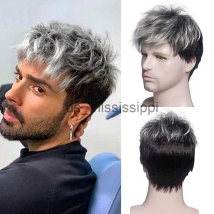 Perruques synthétiques Beau homme cheveux mari perruques Ombre cheveux cheveux courts perruque pour hommes utilisation quotidienne couleur grise vague lâche perruques synthétiques Cosplay Party x0826