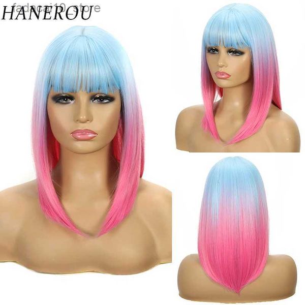 Perruques synthétiques HANEROU perruque courte synthétique droite rose bleu dégradé couleur femmes perruque naturelle avec frange pour la fête quotidienne Cosplay Q240115