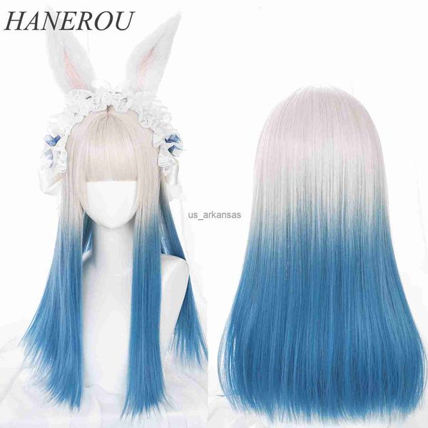 Perruques synthétiques Hanerou Women's Synthétique Synthétique Long Lolita Wigs avec Bang ombre Two Tone Grey Blue Green Blonde pour Cospaly HKD230818