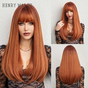 Pelucas sintéticas HENRY MARGU Peluca de mujer larga y recta marrón cobrizo con flequillo Auburn Ombre peluca sintética para uso diario cabello resistente al calor de aspecto natural 240328 240327