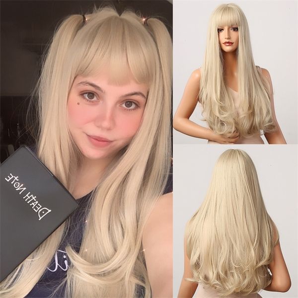 Perruques Synthétiques HENRY MARGU Long Blond Platine Naturel Ondulé avec Frange Cosplay Party Lolita pour Femme Fibre Résistante à la Chaleur 230413