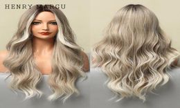 Perruques synthétiques HENRY MARGU longue ondulée Blonde blanc gris Ombre naturel Cosplay pour femmes partie moyenne perruque résistant à la chaleur9803967