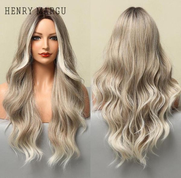 Perruques synthétiques HENRY MARGU longue ondulée blonde blanc gris Ombre naturel Cosplay pour femmes partie moyenne perruque résistant à la chaleur8776677