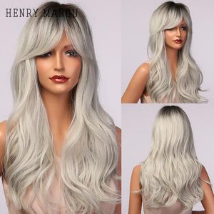 Synthetische pruiken Henry Margu Long Gavy Gray Ash White Ombre met pony Natural Cosplay Haar voor zwarte vrouwen hittebestendig