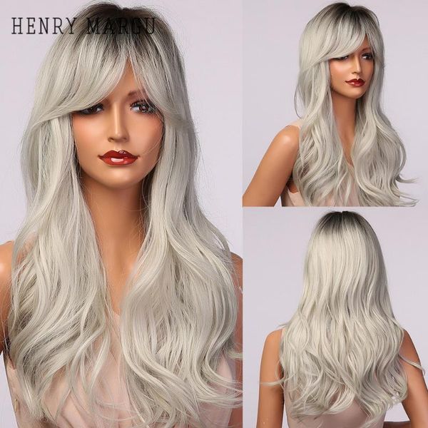 Perruques synthétiques Henry Margu longs ondulés gris cendré blanc ombré avec frange cheveux de cosplay naturels pour femmes noires résistant à la chaleur