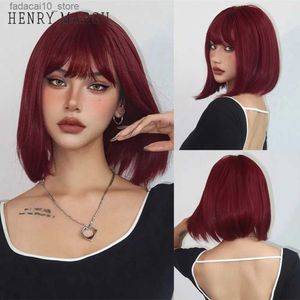 Perruques synthétiques HENRY MARGU rouge court Bob perruque droite avec frange couleur rouge perruques de fête synthétique Cosplay faux cheveux résistant à la chaleur femmes pleine perruque Q240115