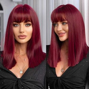 Synthetische pruiken HENRY MARGU Korte Bob Recht Synthetische pruik voor dames Wijnrood Bordeaux Haar Pruik met pony Cosplay Feest Lolita Hittebestendig 240328 240327