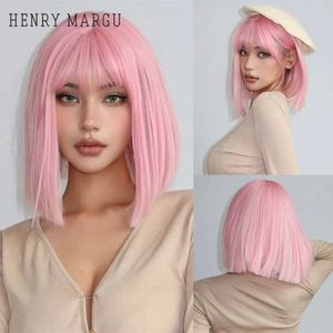 Perruques synthétiques HENRY MARGU perruques roses courtes avec frange droite Bob perruque rose faux cheveux synthétiques rose coloré perruque de fête Cosplay pour femmes filles 240328 240327