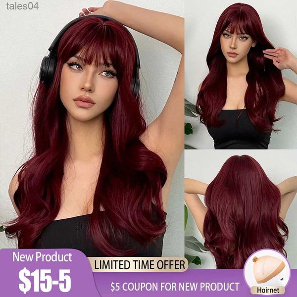 Pelucas sintéticas HENRY MARGU Peluca sintética ondulada larga roja vino Peluca natural de alta temperatura con flequillo Fiesta colorida Cosplay Cabello para mujeres negras YQ231110