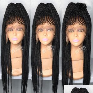 Pelucas sintéticas de alta calidad color negro encaje frontal trenzas trenzas peluca micro caja afro americano mujeres estilo gota entrega cabello produ dhtqn