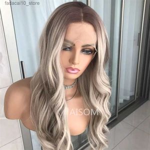 Pelucas sintéticas Resalte Ash Blonde Lace Front Pelucas Body Wave Lace Frontal Peluca sintética Sin cola Peluca de encaje sintético largo ondulado para mujeres Q240115