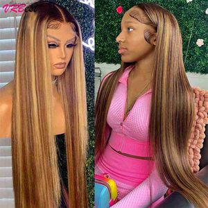 Perruques synthétiques Highlight Honey Blonde Ombre Droite Lace Front Perruques de Cheveux Humains Transparent Full Lace Frontal Perruque Pour Femmes 12A Prix Usine Q231019