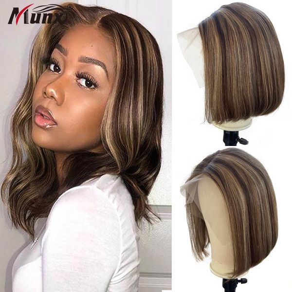 Perruques synthétiques à reflets brun blond Bob perruques cheveux humains 13x1 T dentelle partie perruques 180% densité courte Bob perruques cheveux de bébé femmes noir mercredi 230901