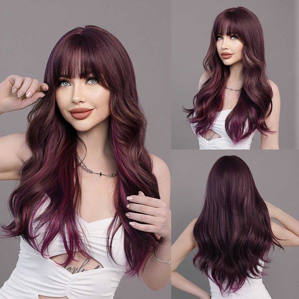 Perruques synthétiques à reflets violets, frange lisse, pour femmes, avec cheveux longs bouclés et grandes perruques ondulées violettes